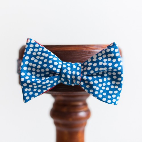 Синяя галстук-бабочка детская в белый горох, самовяз, «Mess Blue»